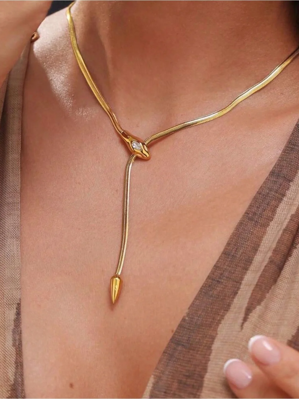Anthropologie Gold Snake Lariat Necklace w/ Crystal Accent Statement Chain
